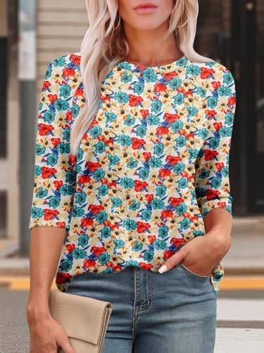 KISSMODA Tunic Tops for Women Loose Fit Dressy Round Neck Pleated 3/4 Length Sleeve Spring Tops