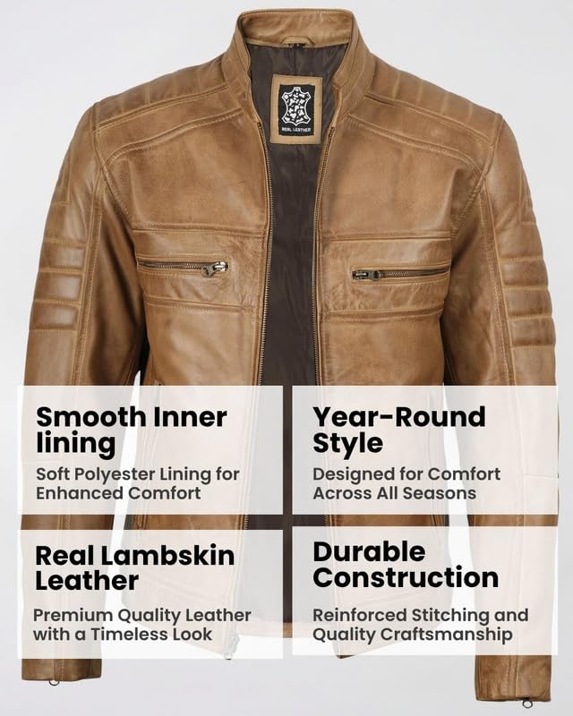 Image of Blingsoul Men's Leather Jacket - Real Lambskin Motorcycle Cafe Racer Biker Style Jacket