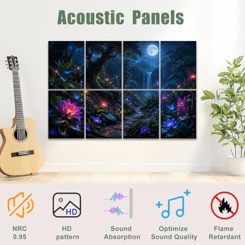 8 Pack Paneles Acústicos Artísticos Absorbentes de Sonido con Diseño Nocturno de Flores Resplandecientes y Mariposas, Paneles Decorativos para Pared Auto Adhesivos para Estudios de Grabación y Oficina 48"x32" miniatura 3