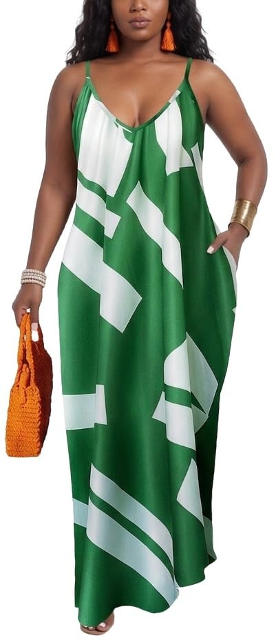 Image of Women's Bohemian Weekend Outing Spaghetti Straps Deep V - Neck Maxi Dress Music Festival Shopping Outings with Pockets and Stylish Green Geometric Design -26 Large