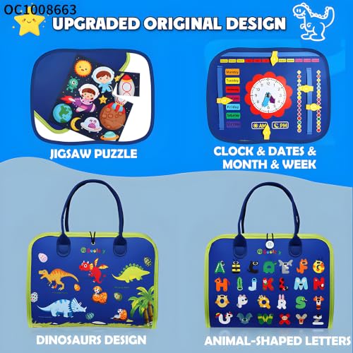 Image of Cable World Montessori Busy Board for Toddlers 2-5 Years, 25+ Learning Activities, Sensory Travel Toy, Quiet Book with Alphabet, Clock, Calendar, Jigsaw Puzzle, Fine Motor Skills & Dinosaur Theme