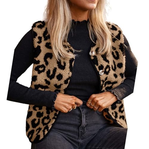 Naturton Fleece Weste Damen mit V Ausschnitt Fleeceweste mit Leopardenmuster Herbst Winter Warm Ärmellos Westen Pelzjacke Damenweste ÄrmelloseWeste Herbstmantel