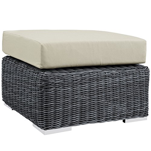 Modern Contemporary Outdoor Patio Ottoman, Beige, Fabric, Synthetic Rattan