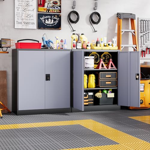 Image of Letaya Metal Storage Cabinets with Lock Door,2 Adjustable Shelves Organizer Steel Storage Cabinets for Home,Office,Warehouse,Garage,Employee Lockers(Black Gray)
