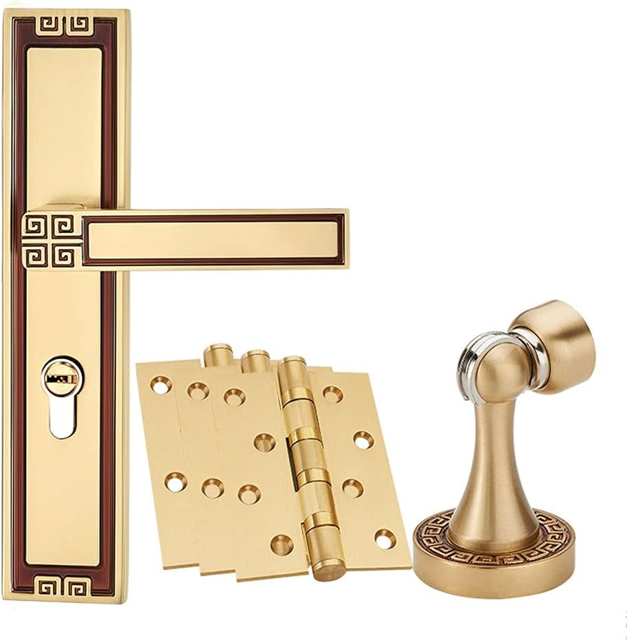 Door Knob Lever Single Lock Pure Copper Silent Door Lock Door Levers Indoor Door Handle with Key for Bedroom Villa Hallway Door Lock with Handle (Color : Gold+3 Pack Hinge)