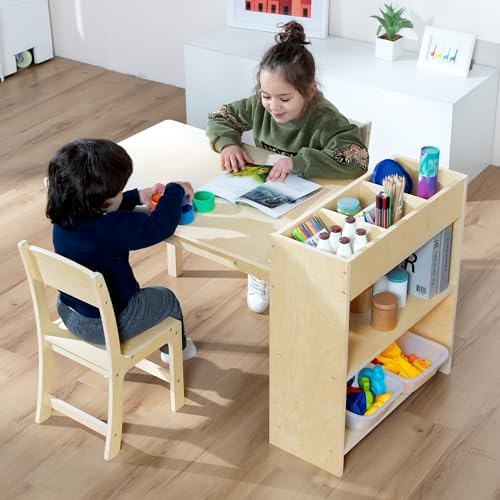 Kids Art Table and Chair Set, Birch Wooden Activity Craft Table, Kids Drawing Table, Toddler Desk with Storage and 1 Chair - 5