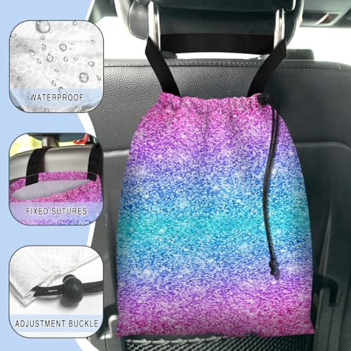 Image of Car Trash Bag Hanging Back of Seat Waterproof Small Cute Printed One-handed Strap Drawstring Garbage Bags for Car-Glitter Pink