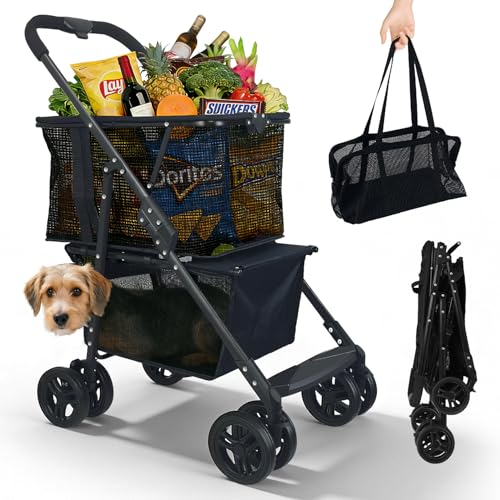 Folding Shopping Cart & Pet110lbs 2-in-1 Personal Cart with Removable Basket & Lower Dogs StrollerSingle-Hand Fold Collapsible Utility Trolley Cart for Groceries Laundry Camping & Pet Traveling