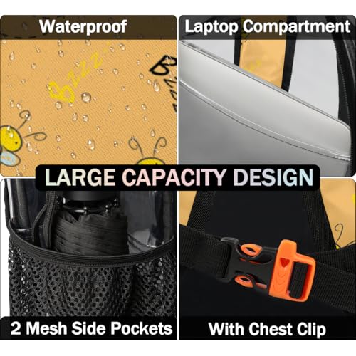 Honey Cartoon Bee Clear Backpack Stadium Approved PVC Backpacks for Adults Heavy Duty Clear Bag for Work Security Travel College4