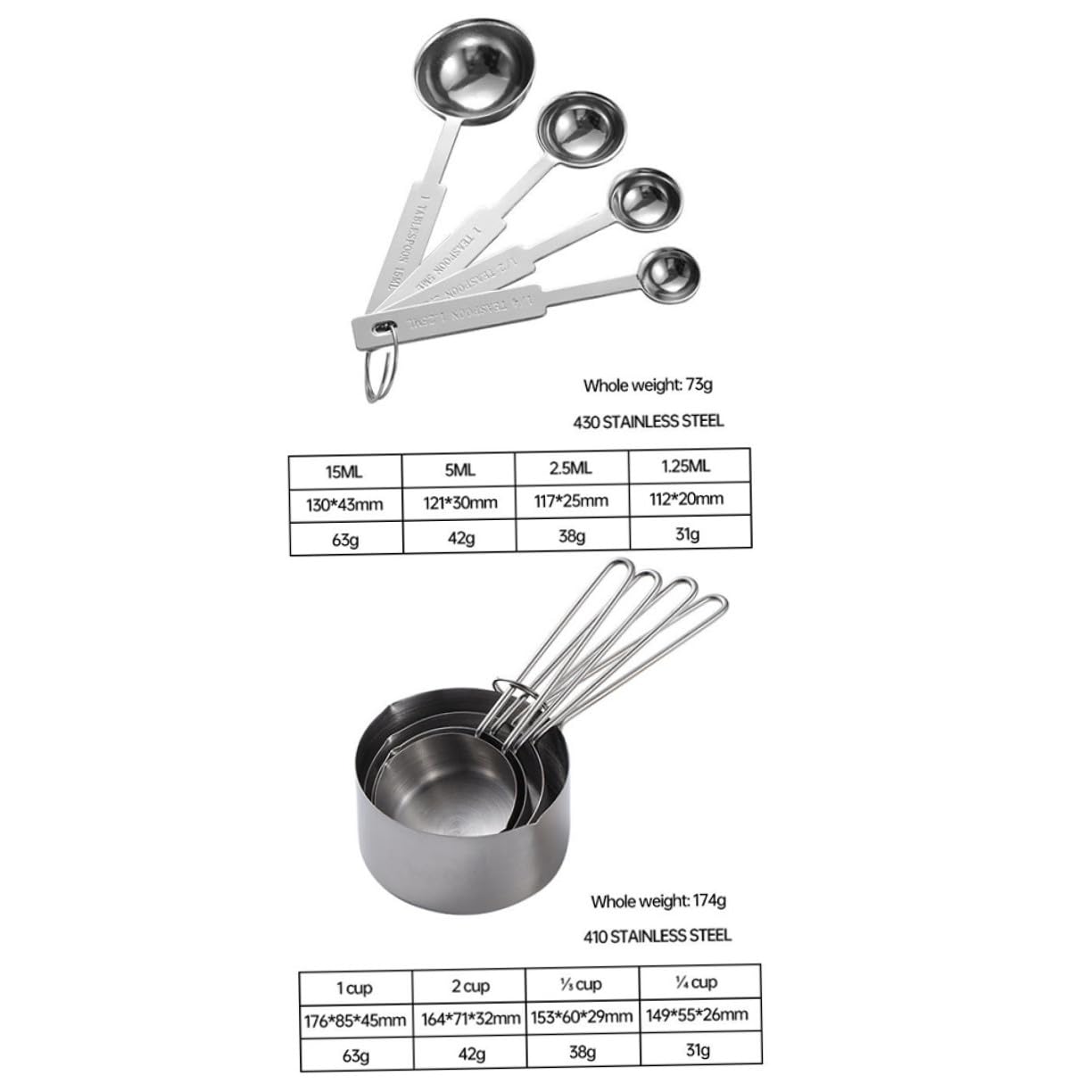 8 piezas Cucharas y Tazas Medidoras de Cocina de Acero Inoxidable con Grabado Diseño Apilable y Gancho Especias y Repostería Utensilios Precisos y Duraderos