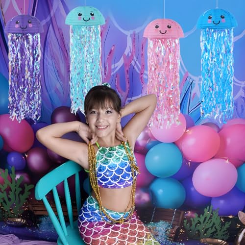 Image of Jellyfish Paper Lanterns Under The Sea Party Decorations Hanging Smile Face Jellyfish Lanterns for Baby Shark Mermaid Birthday Party Decorations Baby Shower Classroom Decor Pack of 4 Mix