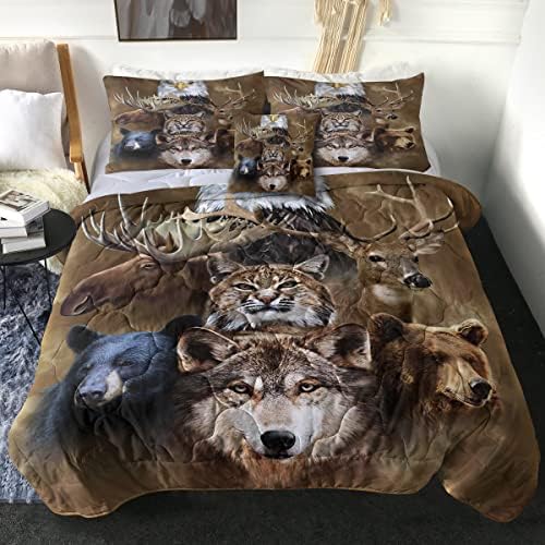 Sleepwish Bear Wolf Eagle Elk Moose Deer Comforter Sets King 4 Pcs, Boys Quilt Comforter Bedspread Coverlet with Pillow Shams, Gold Native Wolf Bedding Sets King