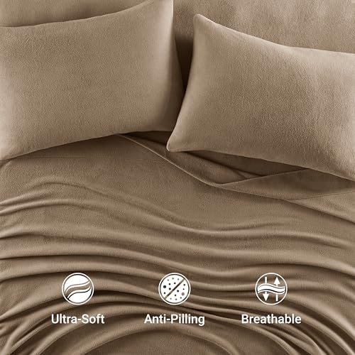 Image of True North by Sleep Philosophy Micro Fleece Bed Sheet Set, Warm, Sheets with 14 inch Deep Pocket, for Cold Season Cozy Sheet-Set, Matching Pillow Case, Twin, Brown, 3 Piece