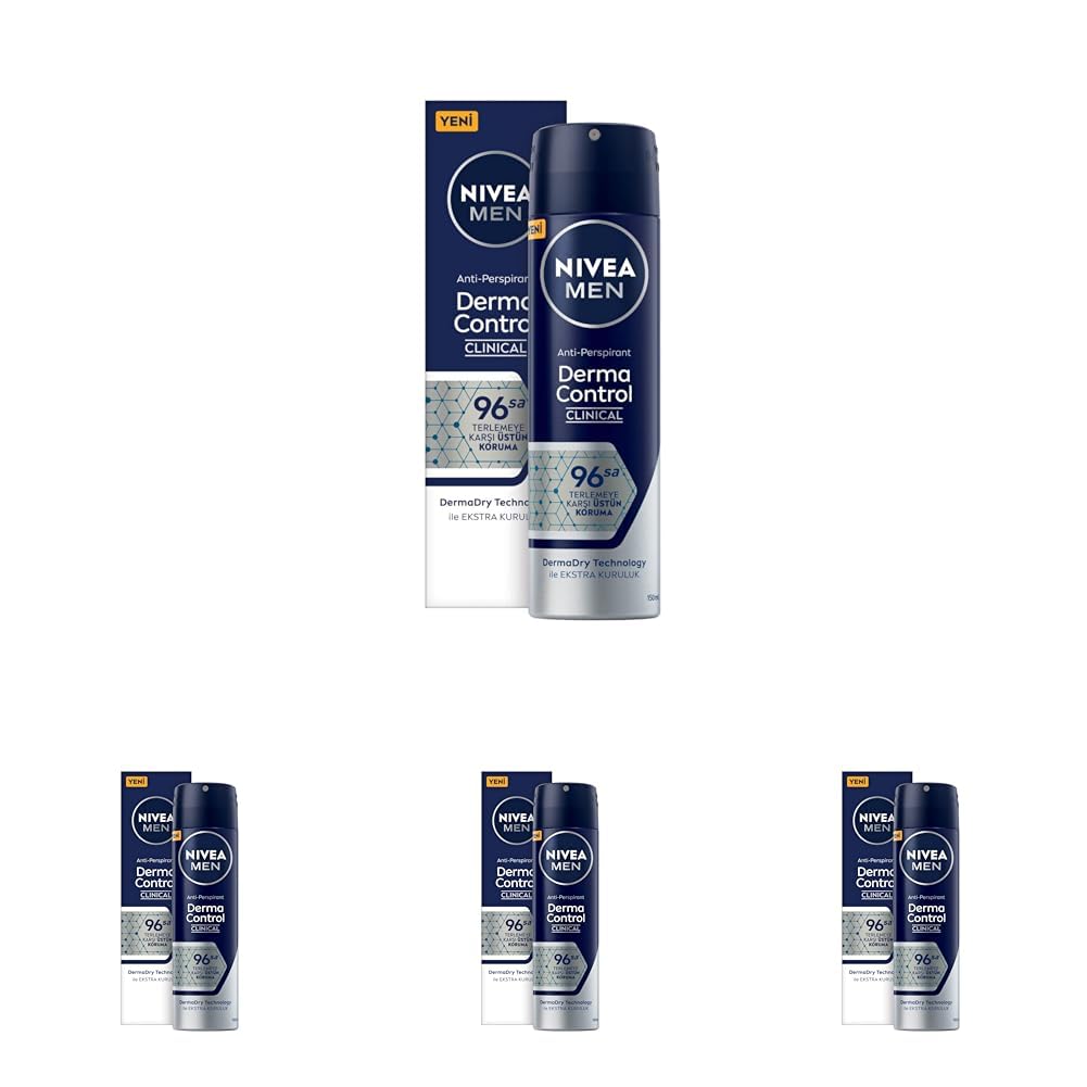 NIVEA MEN Erkek Sprey Deodorant Derma Control Clinical 150 ml, 96 Saat Antiperspirant Koruma,Ekstra Kuruluk,Alkolsüz (4 paketi)