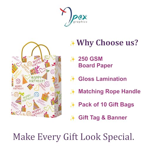 Image of Birthday Gift Bags Small size - Return gift bags for kids birthday - Paper Bags for Gifting - Pack of 10-7 L x 9 H x 3 W Inch