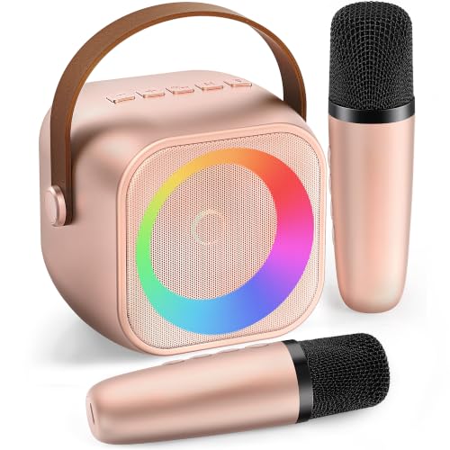 Image of Mini Karaoke Machine, Portable Bluetooth Karaoke Speaker with 2 Wireless Microphones and Party Lights for Kids and Adults, Birthday Gifts for Girls Boys Family Home Party (Rose Gold)