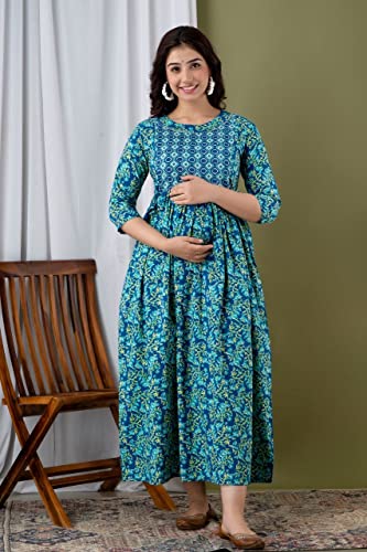 Image of Women's Feeding Kurta Cotton | Floral Anarkali Pregnancy Kurta with Nursing Zipper | Pre & Post Partum | Maternity Dresses | Mom to Be Gift