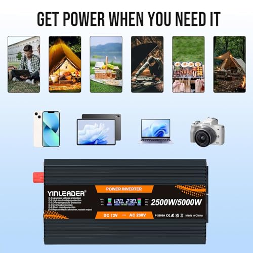 Yinleader Power Inverter 2500W /5000W DC 12V to 240V AC with LCD Display Power Converter with 2 UK Sockets & 2 USB Ports for Car Camping RV Household Truck - Image 5