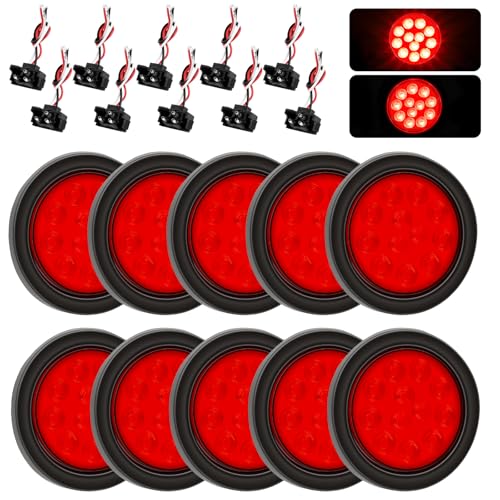 Ronybuy 10Pcs 4 Round Red Led Trailer Lights Trailer Tail Lights 4 Inch 12V Waterproof Stop Turn Brake Led Tail Lights Sealed Flush Mount for Trucks RV Rubber Grommets & 3-Prong Wire Plugs Included