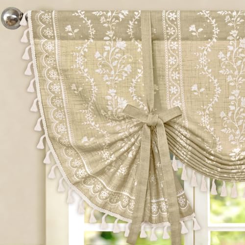 Image of Yinhua Boho Tie Up Curtains for Windows Vintage Linen Valance Light Filtering Floral Valance Rod Pocket Rustic Adjustable Tassel Window Valances for Bathroom, 42 inch W X 45 inch L, Natural