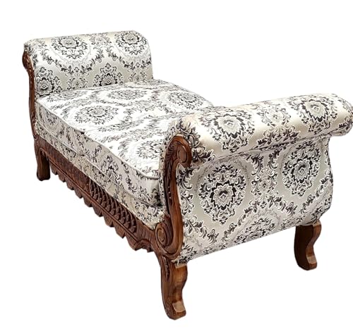 Image of Victorian Style Chaise Lounge, Tufted Cream Upholstery, Mahogany Wood Frame, Classic Living Room Furniture (diwan 2 Seater)