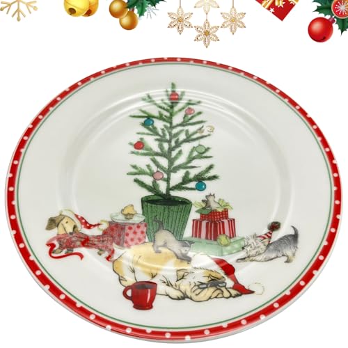 Copbopwn Plato Redondo con Tema Navideño de 8" Platos de Navidad Platos de Cerámica para Cena de Navidad Platos Navideños para Nochebuena para Ensalada Pasta y Presentación en la Mesa (Animales)