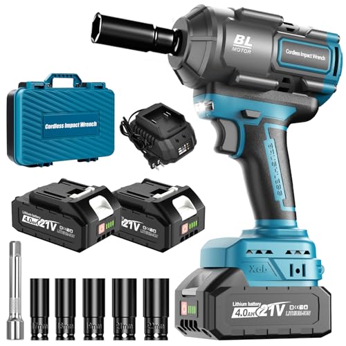 Cordless Impact Wrench, 1/2 Impact Gun with 2 * 4.0A Battery, Brushless Max Torque 885ft-Lbs (1200N.m) Electric Power Impact Driver with Charger & 6 Sockets for Car/DIY Furniture/Lawn Mower
