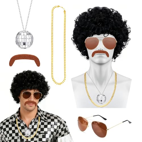 Afro Perücke Herren, 80er 90er Jahre Outfit Herrens Mit Wigs, Sonnenbrille, Disco-Kette, Bart, Rocker Perücke für Karneval Kostüm, Faschingskostüme Herren (Schwarz)
