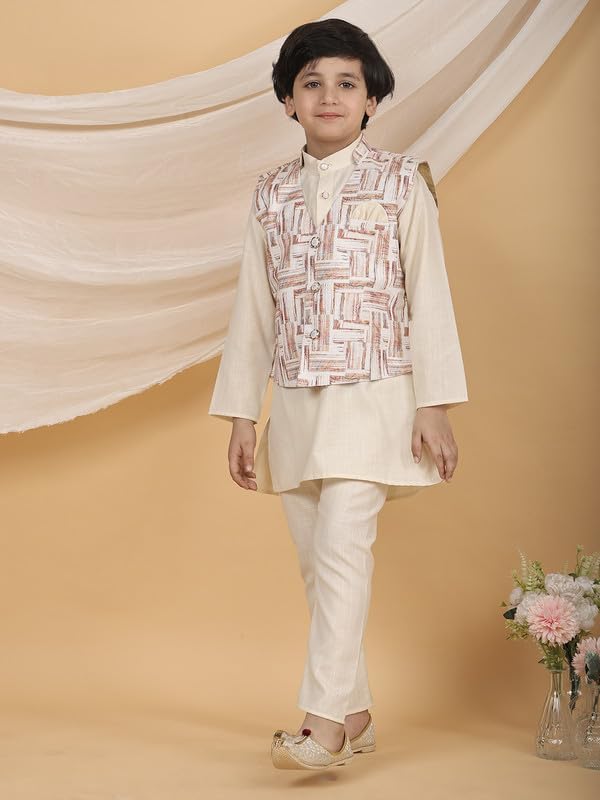 Image of superminis Boys Cotton Printed Full Sleeves Kurta Pyjama with Jacket Ethnic Wear Set