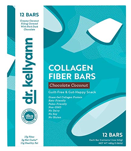 Keto Collagen Fiber Bar - High Fiber, Low Carbs - Soy Free, Gluten Free, Non-GMO & No Added Sugar - Perfect Keto & Paleo Snack with Creamy Coconut Inside Dipped in Dark Chocolate (12 bars)