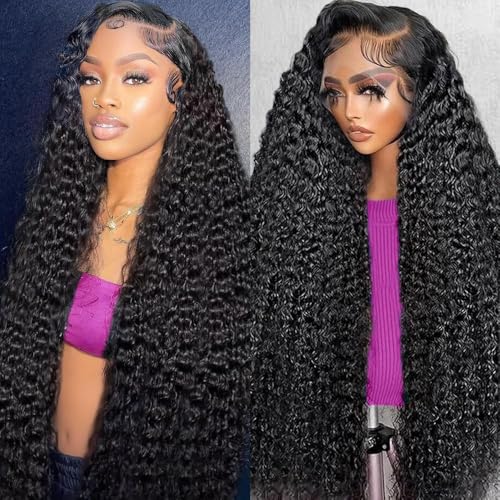 24 Inch 13x6 Deep Wave Lace Front Wigs Human Hair Wigs for Women HD Transparent Deep Curly Human Hair Wig 200 Density Pre Plucked Natural Color