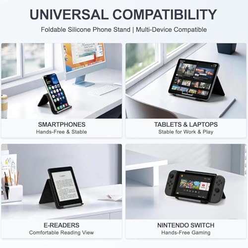 Image of Flexible Silicone Phone Stand, Multi-Angle Adjustable Cell Phone Holder, Portable Phone Stand for Desk, Compatible with iPhone, iPad, Tablet, Laptop, for Home, Office, Gaming (Black)
