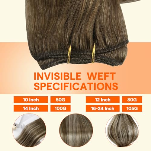 Image of Full Shine 18 Inch Weft Hair Extensions, Sew In Real Human Hair Balayage | Color Light Brown To Platinum Blonde Mix Brown, 105G Remy Straight Hair Weft, Sew In Extensions, Add Length, Date Night