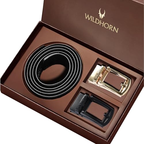Image of WildHorn Men's Leather Belt Gift Set | Genuine Leather belt Strap with 2 Interchangeable Buckles | Formal & Casual Wear Adjustable Belt | Automatic lock leather belt for men
