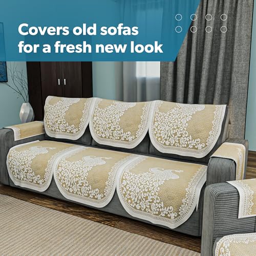 Image of Kuber Industries (Set of 16) Stylish & Durable Cotton Sofa Covers 5 Seater with Arms | Washable Sofa Protector & Slipcover for Living Room & Office | Peocock Design - Cream