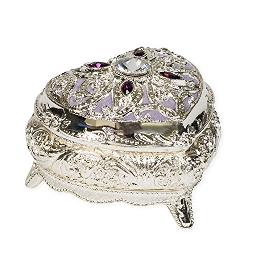 Lavender Purple Velvet Heart Shaped Silver Tone Metal Music Box Plays All I Ask of You