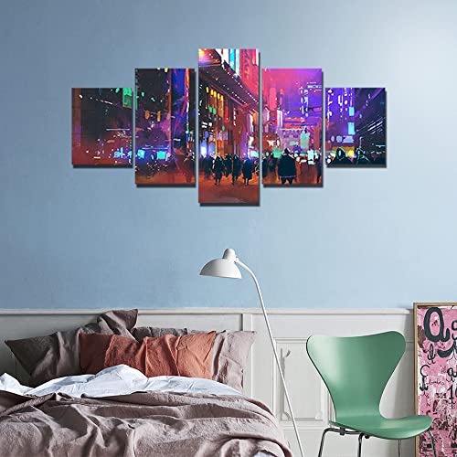 Wall Hdq Cyberpunk City Wall Art, Night Neon American Streetview Canvas Painting Colorful Artwork Picture For Living Room Home Bedroom Decor Print Framed Ready To Hang 5 Piece (50''W X 24''H) #TOP4