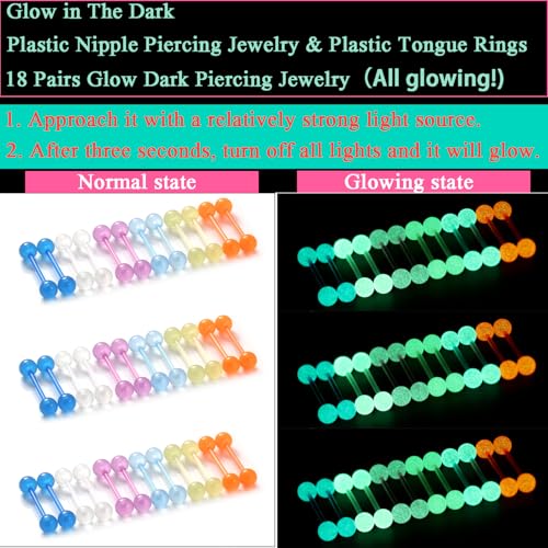 14G Glow in Dark Flexible Acrylic Tongue Rings Plastic Nipple Rings for Surgery Straight Barbell Tongue Nipple Piercing Jewelry for Women Men 16mm Bar Length2