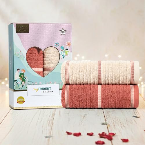 MYTRIDENT His and Her Towel for Bath Large Size, 500 GSM, 2 Pc Bath Towels for Couple, Sugar & Spice