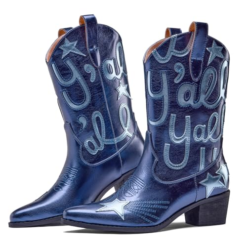 Image of Metallic Cowboy boots for Women Embroidered Mid Calf Womens Cowgirl Boots Western Pointed Toe Chunky Heel