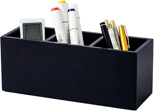 Soporte para lápices de madera para escritorio, soporte para control remoto, organizador de almacenamiento de escritorio con 3 compartimentos,