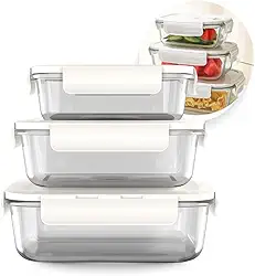 Conjunto Kit de 3 Potes Herméticos de Vidro 375ml 640ml 1000ml com 4 Travas Empilhavéis co Vedação de Silicone Seguro para micro-ondas, forno, freezer e lava-louças, sem BPA