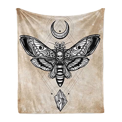 Ambesonne Fantasy Soft Flannel Fleece Throw Blanket, Dead Head Hawk Moth Luna and Stone Magic Skull Illustration, Cozy Plush for Indoor and Outdoor Use, 50" x 70", Black Beige