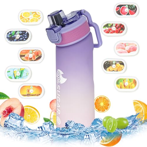 Air Water Bottle with Flavour Pods, 700ml Starter Up Set BPA Free Drinking Bottles with 10 Random Flavour Pods Scented 0 Sugar Calorie, Water Cup with Straw for Gym School Outdoor, Pink & Purple