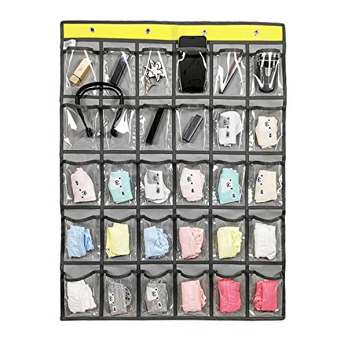 ANIZER Classroom Pocket Chart for Phone Calculator Holder Over The Door Hanging Closet Jewelry Organizer with 30 Clear Pockets (GREY)
