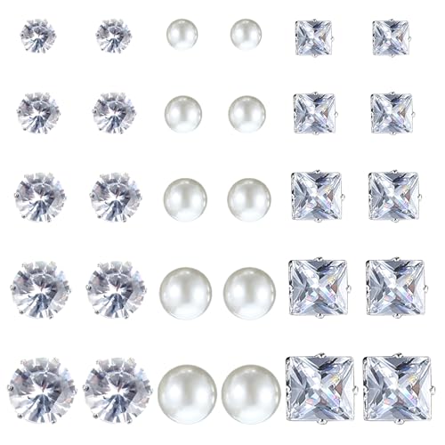 Lot de 15 paires de boucles d'oreilles à tige rondes et carrées en argent avec perles et strass - 5 tailles - Accessoires de mode