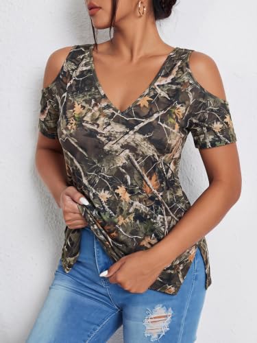 Image of RoseSeek Women's Camo Leopard Cold Shoulder T Shirts Summer Camouflage Tops | V Neck, Short Sleeve, Slim Fit, Camo Shirts, Camouflage Shirts, Summer Clothes, Vintage Streetwear