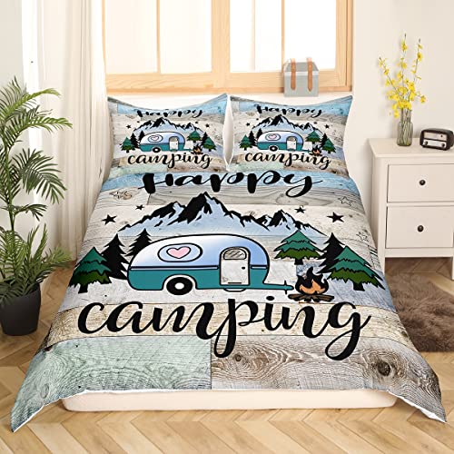 Kids Camping Bedding Set Queen Size Happy Camping Comforter Cover For Boys Girls Western Rustic Farmhouse Style Duvet Cover Vintage Old Barn Door Print Bedding Camper Decor Bedspread 3 Pcs #TOP23