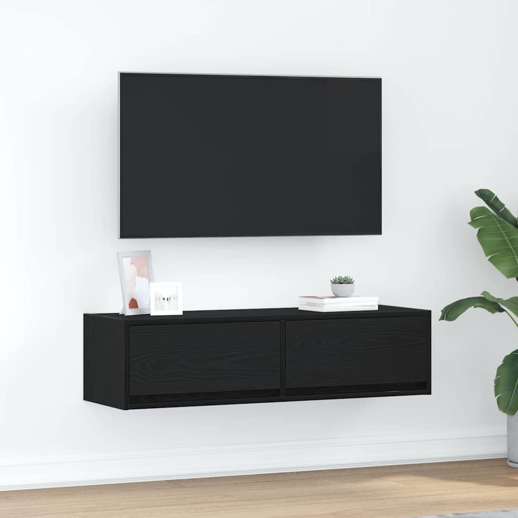 Meuble TV suspendu chêne noir buffet bas pour cacher les câbles du salon