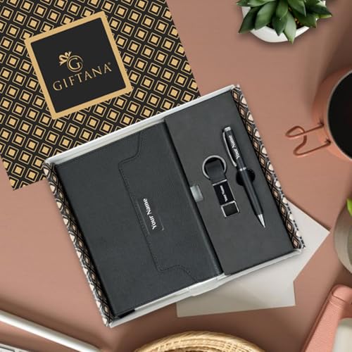 Image of Giftana 3 in 1 Personalized Diary with Pen and Keychain Gift Set for Men and Women, Customized Leather Texture Folding Notebook Diary Set, Diwali Gift, Corporate Gifts for Employee- Black,192 Pages